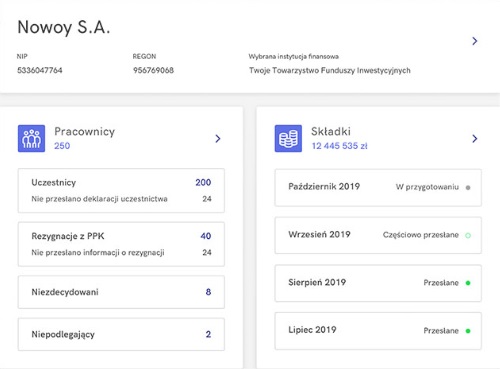 Pracownicze Plany Kapitałowe interfejs aplikacji ekran startowy