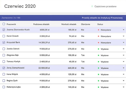 Pracownicze Plany Kapitałowe interfejs aplikacji lista naliczonych składek i eksport do instytucji finansowej