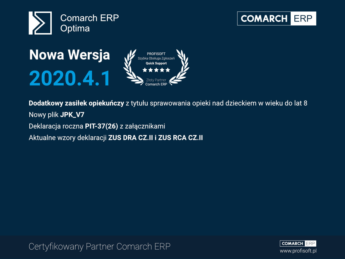 Aktualizacja Comarch ERP Optima 2020.4.1 dodatkowy zasiłek opiekuńczy