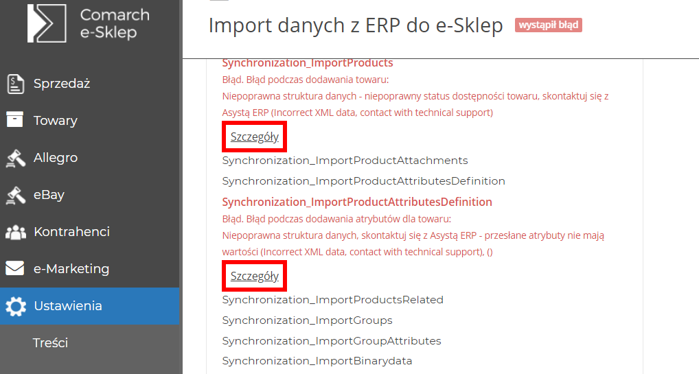 Widok listy towarów wywołujących błędy synchronizacji w Comarch e-Sklep
